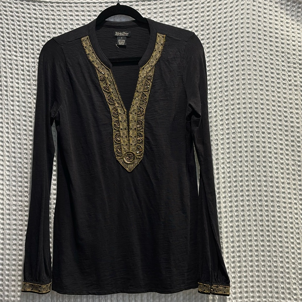 Lucky Brand black long sleeve v neck top
Gold bead trim